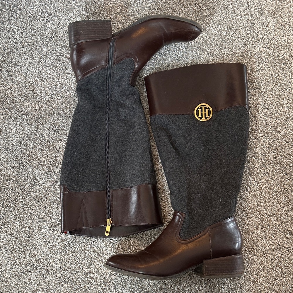 Tommy Hilfiger Brown Leather & Charcoal Tall Riding Boots with Gold Logo